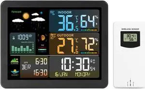 DURFICST Weather Station, FJ3566M Smart Weather Station with Clock Indoor Outdoor Temperature and Humidity Meter Multifunctional Large Color Screen Weather Clock Temperature Gauge