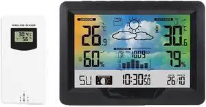 DURFICST Wireless Weather Station Indoor Outdoor, Digital Thermometer Humidity Monitor Forecast Station with Atomic Clock, Calendar and Adjustable Backlight for Home