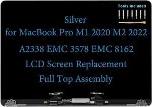 13" Screen Replacement for MacBook Pro M1 2020 M2 2022 A2338 EMC 3578 EMC 8162 Display Full LCD Screen Complete Full Top Assembly Kit (Silver)