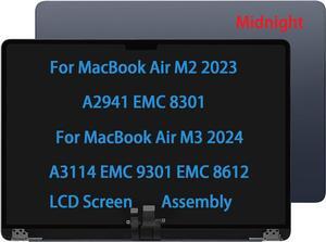Screen Replacement 15" for MacBook Air M2 A2941 EMC 8301 M3 A3114 EMC 9301 EMC 8612 MQKU3LL/A MQKV3LL/A 2023 2024 LCD Screen Display Complete Top Assembly (Midnight)