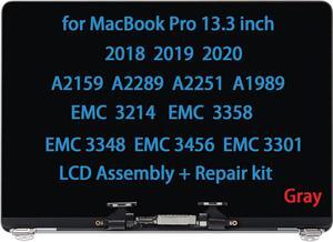13" Screen Replacement for MacBook Pro A2159 A2289 A2251 A1989 EMC 3214 EMC 3358 3348 3456 3301 True Tone 2018 2019 2020 Display Screen Replacement Complete Full Top Assembly(Space Gray)