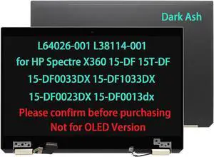 GBOLE L64026-001 L38114-001 LCD Touch Screen Replacement for HP Spectre X360 15-DF 15T-DF 15-DF0033DX 15-DF0023DX Complete Full Top Display Hinge Up Assembly (Not for OLED) Dark Ash