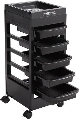 VEVOR Beauty Salon Trolley Cart, Plastic Salon Rolling Cart for Stylist with 5 Removable Drawers & Dryer Holder, Rolling Hairdressing Cart with 4 Wheels (2 Lockable) for Beauty SPA Barbershop