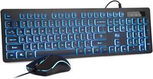 Rii Three Colors Backlit Keyboard and Mouse, Wired Keyboard and Mouse Combo, USB Keyboard and Mouse Set,Quiet Input Gaming Keyboard,Optical RGB Mouse for School,Office,Business and Gaming