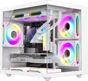 Ruix OV-502 White Color Dual USB3.0 Full View Tempered Glass Mid Tower Micro-ATX Gaming Computer Case With 120mm ARGN PWM Fans X3 (Side Reverse X2) Pre-Installed