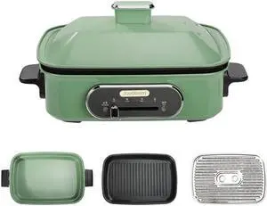 Joydeem 3-in-1 Electric Hot Pot, Multi-use Shabu Shabu Pot with Grill Pan & Steamer, Non-stick Ceramic Oil Coating, 4.5L, JD-HG9088G, Green