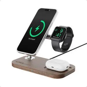 Loha Custom Black Walnut Wood 3-in-1 Wireless Charger, Charging Station & Stand for iPhone, Apple Watch, and AirPods, Compatible with MagSafe, Ladestation Loha Custom Black Walnut Wood 3-in-1 Wireless Charger, Charging Station & Stand for iPhone, Apple Watch, and AirPods, Compatible with MagSafe, Ladestation