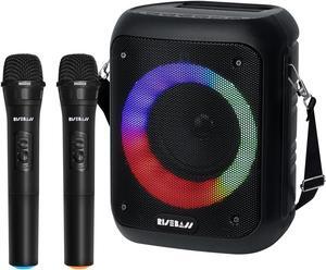 Risebass Portable Wireless Karaoke Machine with 2 Wireless Microphones - Bluetooth Rechargeable Speaker and PA System with USB/SD/TF Card Support, AUX-in, Tripod Screw Mount and Phone Slot.