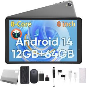 N-one Android 14 Tablet, 8 inch HD Screen 8 Core Processor 12GB(4+8) 64GB & 1TB Expand, WiFi6 BT 5MP Dual Camera for Kid Study Work 2024 Newest Android Tablets