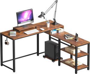 Toytexx Inc L-Shaped Computer Desk, 50" inch Rustic Wood Corner Desk with Metal Frame, Storage Shelves, Headphone Hook for Home, Office - HJ-CDESK-150-B