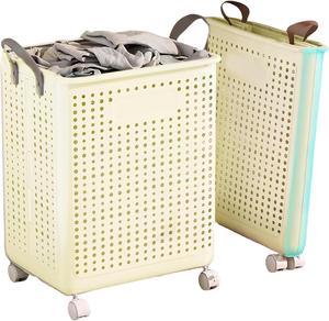 Toytexx Inc Foldable Rolling Laundry Basket, Large Capacity Wheeled Storage Basket with Handles for Home, Laundry, Dormitories (Beige)