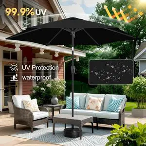 Toytexx Inc 9.5ft Outdoor Patio Black Umbrella with Tilt, UV Protection, Crank, Steel Frame (No Base)