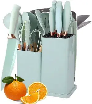 Toytexx Inc 19 PCS Kitchen Utensil & Knife Set: Silicone Utensils, Knives, Cutting Board (Teal)