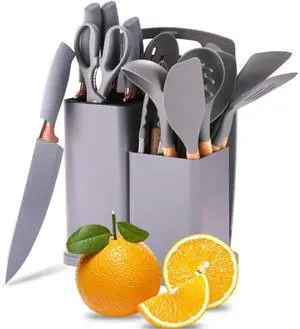 Toytexx Inc 19 PCS Kitchen Utensil & Knife Set: Silicone Utensils, Knives, Cutting Board (Grey)