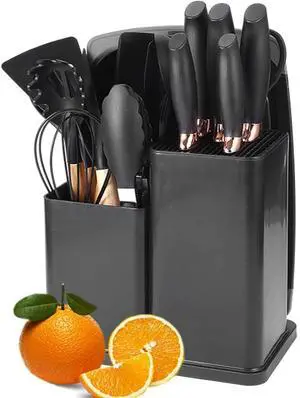 Toytexx Inc 19 PCS Kitchen Utensil & Knife Set: Silicone Utensils, Knives, Cutting Board (Black)