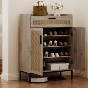 Toytexx Inc Rattan Door Storage Cabinet: Shoe Rack Organizer with Top Drawer & Adjustable Shelves (Grey)