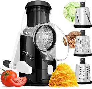Toytexx Inc Rotary Cheese Grater with Handle - Mandoline Slicer Shredder with 3 Stainless Steel Drums for Cheese, Vegetables, and More