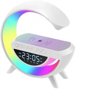 Toytexx Inc LED Wireless Charging Bluetooth Speaker - 15W Bedside Alarm Clock with RGB Lights, Wireless Phone Charger, FM/AM Radio & Bluetooth 5.3 Audio (White)