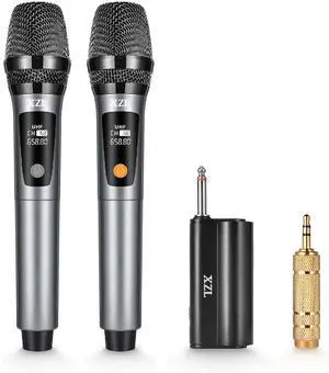 Toytexx Inc UHF Wireless Microphone Set 2PCS Rechargeable Cordless Microphones with Adjustable Frequency & Volume for Karaoke and Presentations (Grey)