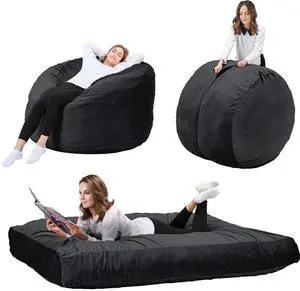 Toytexx Inc 5 ft Convertible Bean Bag Chair for Adults & Kids - 2in1 Lounger & Bed with Washable Cover, High-Density Foam, Flannel Fabric - Black