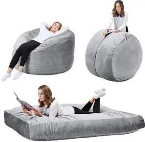 Toytexx Inc 5 ft Convertible Bean Bag Chair for Adults & Kids - 2in1 Lounger & Bed with Washable Cover, High-Density Foam, Flannel Fabric - Grey