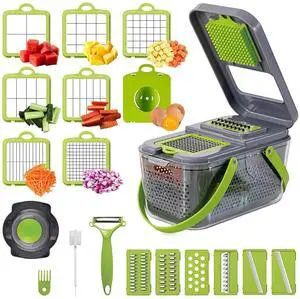 Toytexx Inc 22-in-1 Vegetable Slicer, Multifunctional Manual Vegetable Fruit Chopper with 13 Interchangeable Blades, Drain Basket, Container