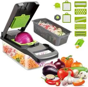 Toytexx Inc 16Piece Vegetable Slicer & Chopper  8 Interchangeable Blades, Manual Fruit Cutter with Container & Egg Separator