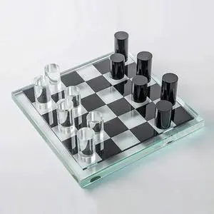 Toytexx Inc Luxury Glass Chess Set - Modern Transparent & Black Cylinder Pieces on Glass Chessboard 27cm - Sophisticated Gift for Home, Office, Birthday & Holiday