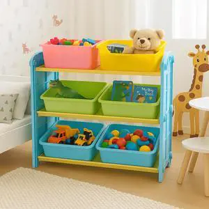 Toytexx Inc Colorful 9Bin Kids Storage Organizer Rack - 3Tier Plastic Shelf for Toys, Books & Clothes in Nursery, Playroom, Bedroom & Daycare
