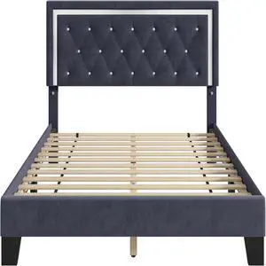 Toytexx Inc King Size Velvet Upholstered Bed Frame - Diamond Tufted Headboard, Wooden Slats, No Box Spring Needed, Dark Blue, Modern Platform Design