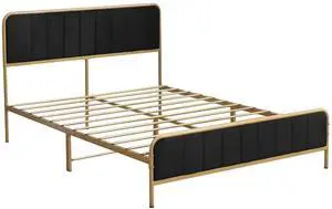 Toytexx Inc King Size Metal Bed Frame - Gold Iron Platform with Black Velvet Upholstered Headboard & Footboard, No Box Spring Needed, Modern Noise-Free Design