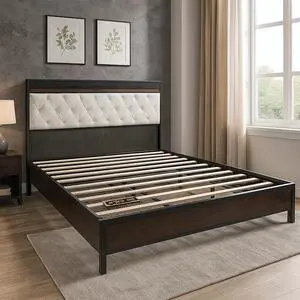 Toytexx Inc King Size Bed Frame with Upholstered Tufted Headboard - Sturdy Platform, No Box Spring Needed, Dark Wood & Black Finish, Noise Free, Modern Design
