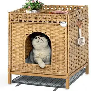 Toytexx Inc Modern Hidden Cat Litter Box Enclosure - PE Rattan Indoor Cat House with Ventilation, Storage Shelf & Cushion Top - Stylish Furniture for Large Litter Boxes - Brown