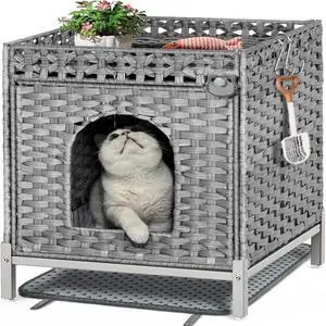 Toytexx Inc Modern Hidden Cat Litter Box Enclosure - PE Rattan Indoor Cat House with Ventilation, Storage Shelf & Cushion Top - Stylish Furniture for Large Litter Boxes - Grey