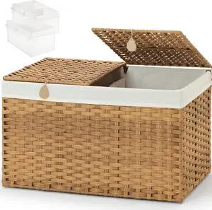 Toytexx Inc 105L Woven Laundry Hamper with Lid - Large Rattan Style Storage Basket with Removable Liner, Dual Compartments for Clothes, Blankets, Toys & Bedding
