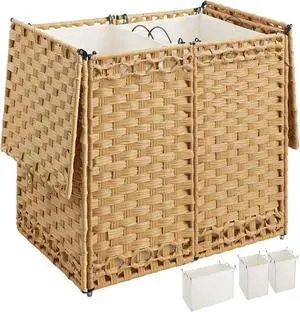 Toytexx Inc 65L Woven Laundry Hamper with Lid - Foldable Rattan-Style Clothes Basket with 2 Removable Liner Bags & Bamboo Handles for Sorting Dark and Light Laundry