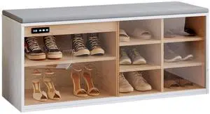 Toytexx Inc Modern Shoe Storage Bench with Cushion, 6 Compartment Entryway Cabinet with Glass Door, Adjustable Shelves & Negative Ion Deodorizer - White