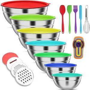 Toytexx Inc 7-Piece Stainless Steel Mixing Bowl Set with Lids, Graters & Accessories - Stackable Kitchen Prep Bowls (0.7 - 4.5 QT), BPA-Free, Dishwasher Safe