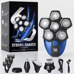 Toytexx Inc 5-in-1 Electric Head Shaver for Men - 6D Floating Rotary Bald Shaver with LED Display, USB Rechargeable Grooming Kit with Nose & Beard Trimmer, Facial Brush - Wet & Dry Use - Blue