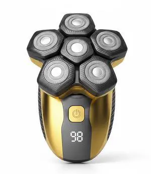Toytexx Inc 5-in-1 Electric Head Shaver for Men - 6D Floating Rotary Bald Shaver with LED Display, USB Rechargeable Grooming Kit with Nose & Beard Trimmer, Facial Brush - Wet & Dry Use - Gold