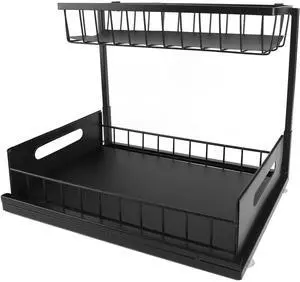 Toytexx Inc 2-Tier Under-Sink Sliding Organizer - Pull-Out Metal Storage Rack with Top Basket & Anti-Slip Feet for Kitchen, Bathroom & Pantry - Black