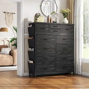 Toytexx Inc 12-Drawer Fabric Dresser with Side Storage Pockets & Wood Top - Tall Chest of Drawers for Bedroom, Closet, Living Room | Large Capacity Storage Organizer with Metal Frame (Black)