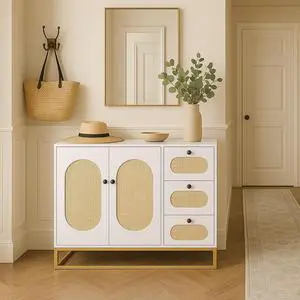 Toytexx Inc Modern Rattan Storage Cabinet with 3 Drawers & 2 Doors - 47" White Sideboard Buffet Console with Gold Metal Base for Entryway, Living Room, Bedroom & Home Organization