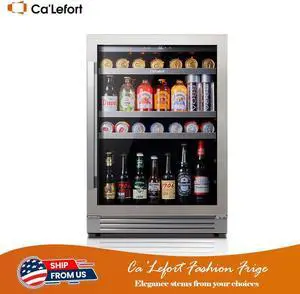 Ca'Lefort 24 Inch Beverage Cooler - 180 Can Refrigerator with Glass Door and 3 LED Lights, Ideal for Built-in or Freestanding Installation in Home/Kitchen (5.65 cu.ft)