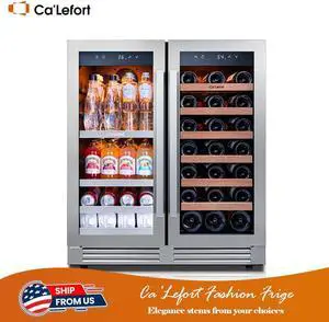 Ca'Lefort 30 Inch Wine Fridge and Beverage Refrigerator - 80 Can and 33 Bottle Capacity with Dual Zone 3 LED Lighting and Glass Door Perfect for Home/Kitchen Use, Built-in or Freestanding (6.00 cu.ft)