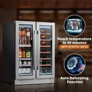 Ca'Lefort 116L Dual-Zone Wine & Beverage Cooler - 2-22°C & 34°F Precision Cooling Fingerprint-Resistant Steel Door + 4.10 Cu.Ft Storage | Sabili Wood Shelves for Home/Bar