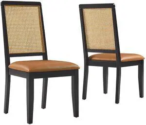 Arlo Vegan Leather Upholstered Faux Rattan and Wood Dining Side Chairs Set of 2 by Modway