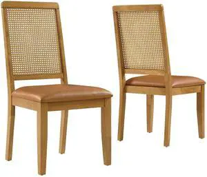 Arlo Vegan Leather Upholstered Faux Rattan and Wood Dining Side Chairs Set of 2 by Modway