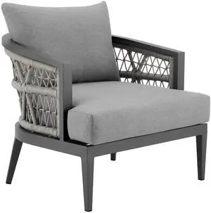 Zella Outdoor Patio Armchair in Aluminum with Light Gray Rope and Earl Gray Cushions Zella Outdoor Patio Armchair in Aluminum with Light Gray Rope and Earl Gray Cushions