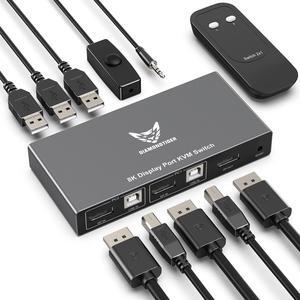 DiamondTiger KVM Switch Displayport - EDID 8K@60Hz, 4K@144Hz, DP 1.4 Display Port KVM Switch 2 Port for 2 Computers to Share 1 Monitor and 3 USB Devices Keyboard Mouse Printer